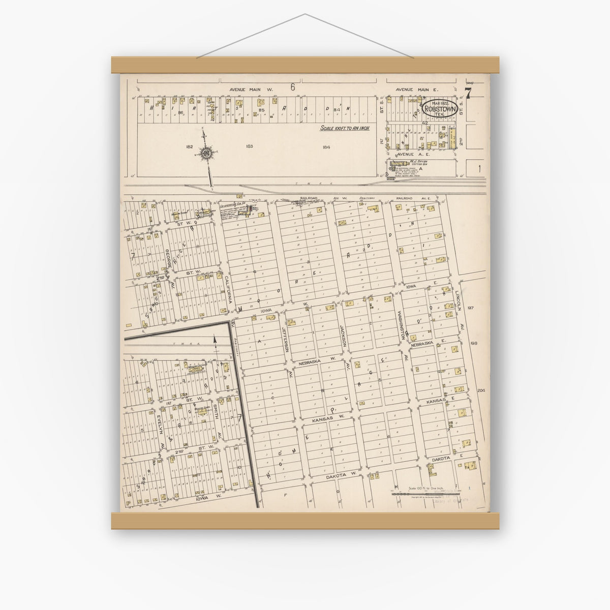 Old map wall art mockup — magnetic wood frame on white wall — Sanborn Fire Insurance Map from Robstown, Nueces County, Texas (1922), Sheet #0007