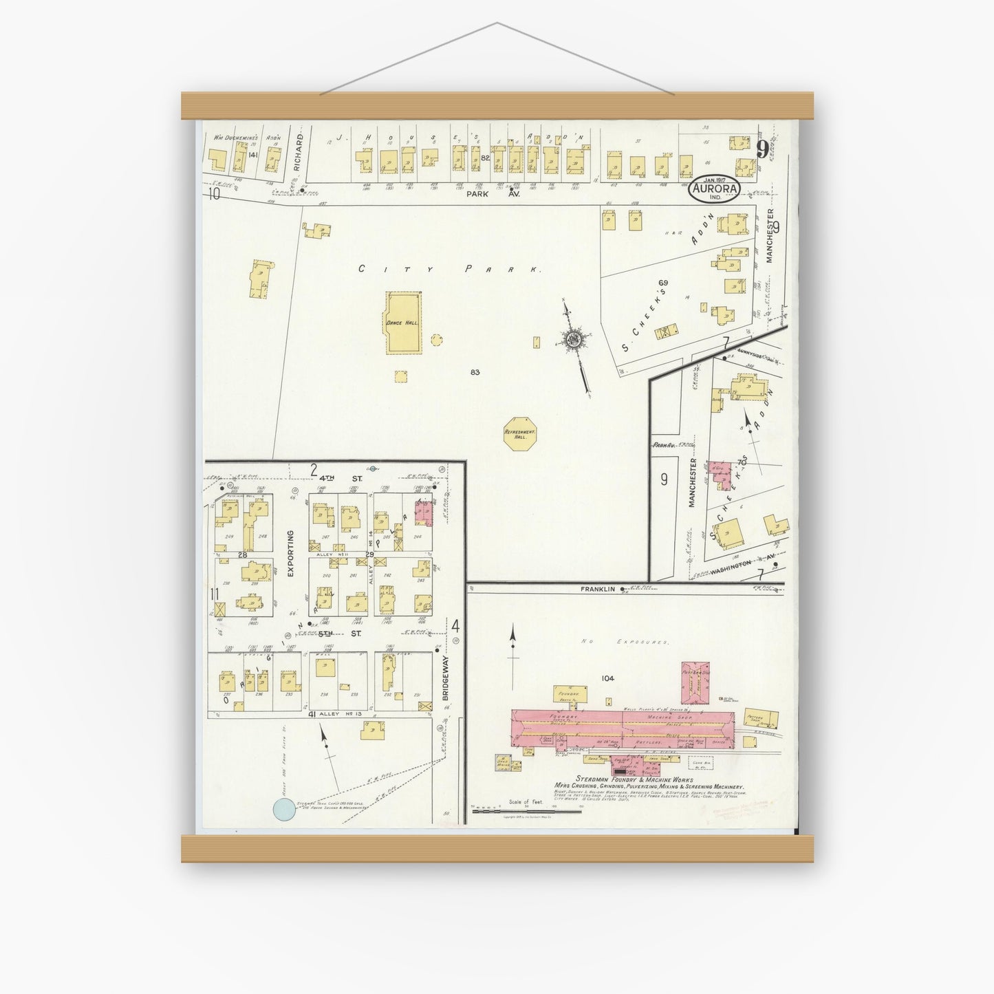 Old map wall art mockup — magnetic wood frame on white wall — Sanborn Fire Insurance Map from Aurora, Dearborn County, Indiana (1917), Sheet #0009