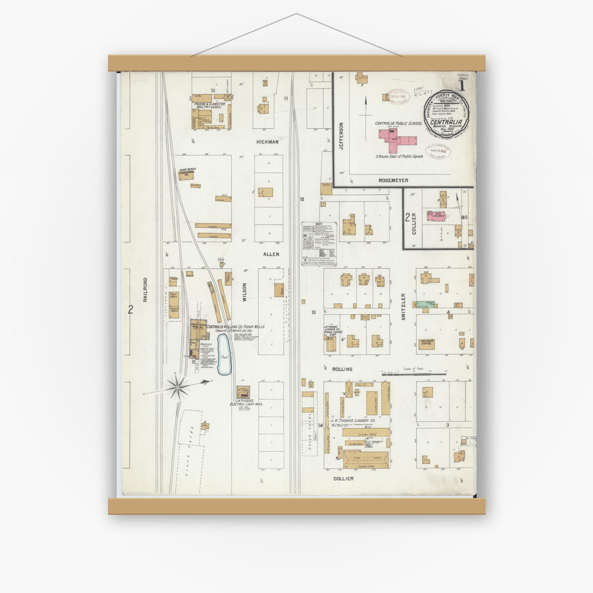 Old map wall art mockup — magnetic wood frame on white wall — Sanborn Fire Insurance Map from Centralia, Boone County, Missouri (1899) - Complete Map Set