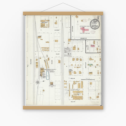 Old map wall art mockup — magnetic wood frame on white wall — Sanborn Fire Insurance Map from Centralia, Boone County, Missouri (1899) - Complete Map Set