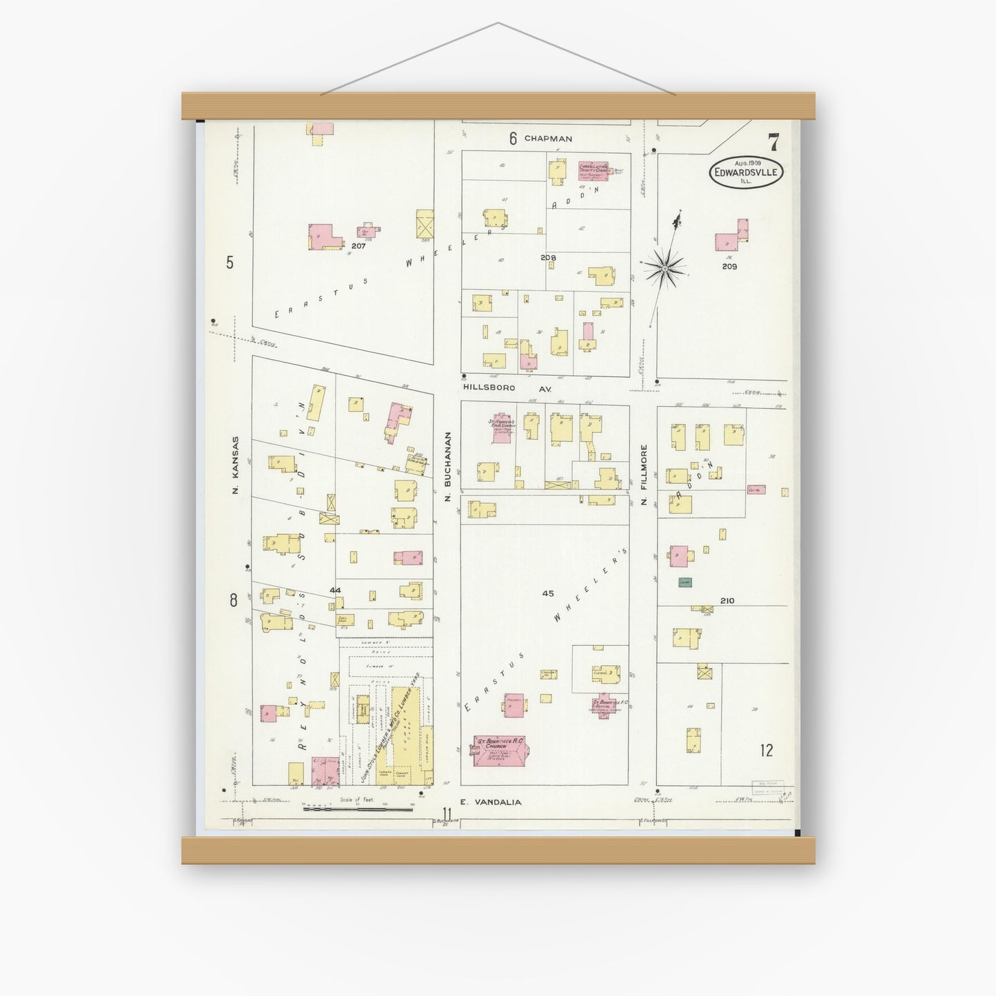 Old map wall art mockup — magnetic wood frame on white wall — Sanborn Fire Insurance Map from Edwardsville, Madison County, Illinois (1909), Sheet #0007