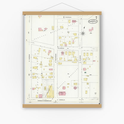 Old map wall art mockup — magnetic wood frame on white wall — Sanborn Fire Insurance Map from Edwardsville, Madison County, Illinois (1909), Sheet #0007