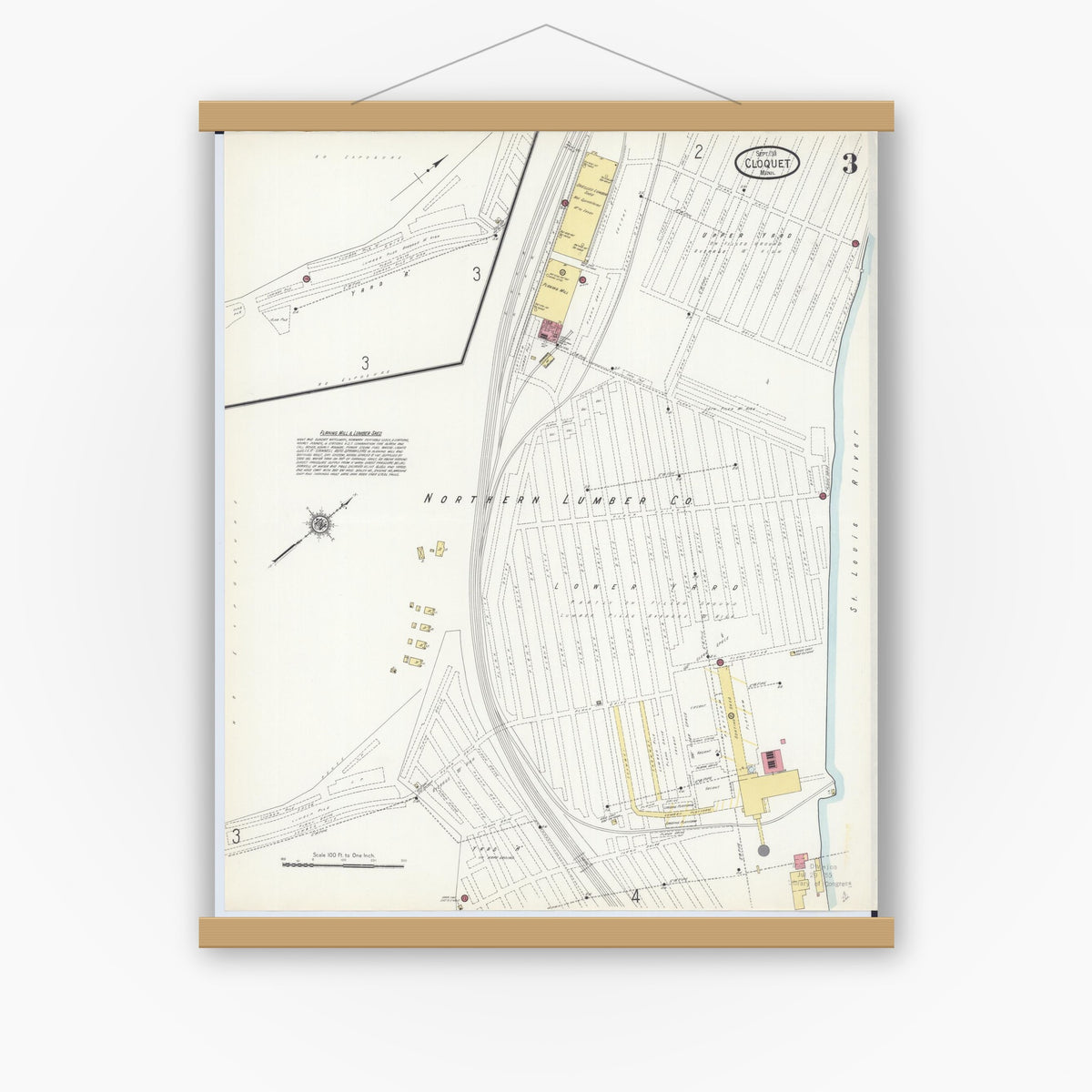 Old map wall art mockup — magnetic wood frame on white wall — Sanborn Fire Insurance Map from Cloquet, Carlton County, Minnesota (1911), Sheet #0003