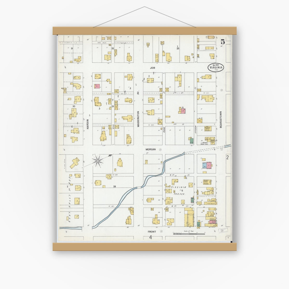 Old map wall art mockup — magnetic wood frame on white wall — Sanborn Fire Insurance Map from Virginia, Cass County, Illinois (1900), Sheet #0005
