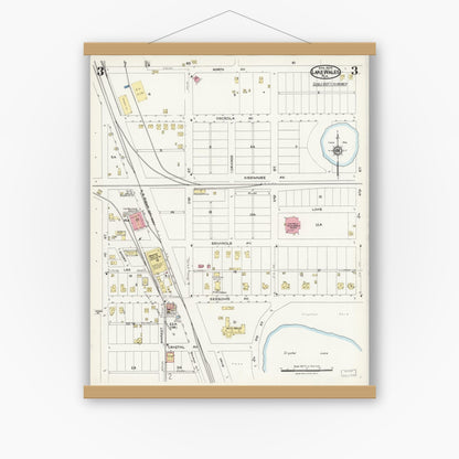 Old map wall art mockup — magnetic wood frame on white wall — Sanborn Fire Insurance Map from Lake Wales, Polk County, Florida (1924), Sheet #0003