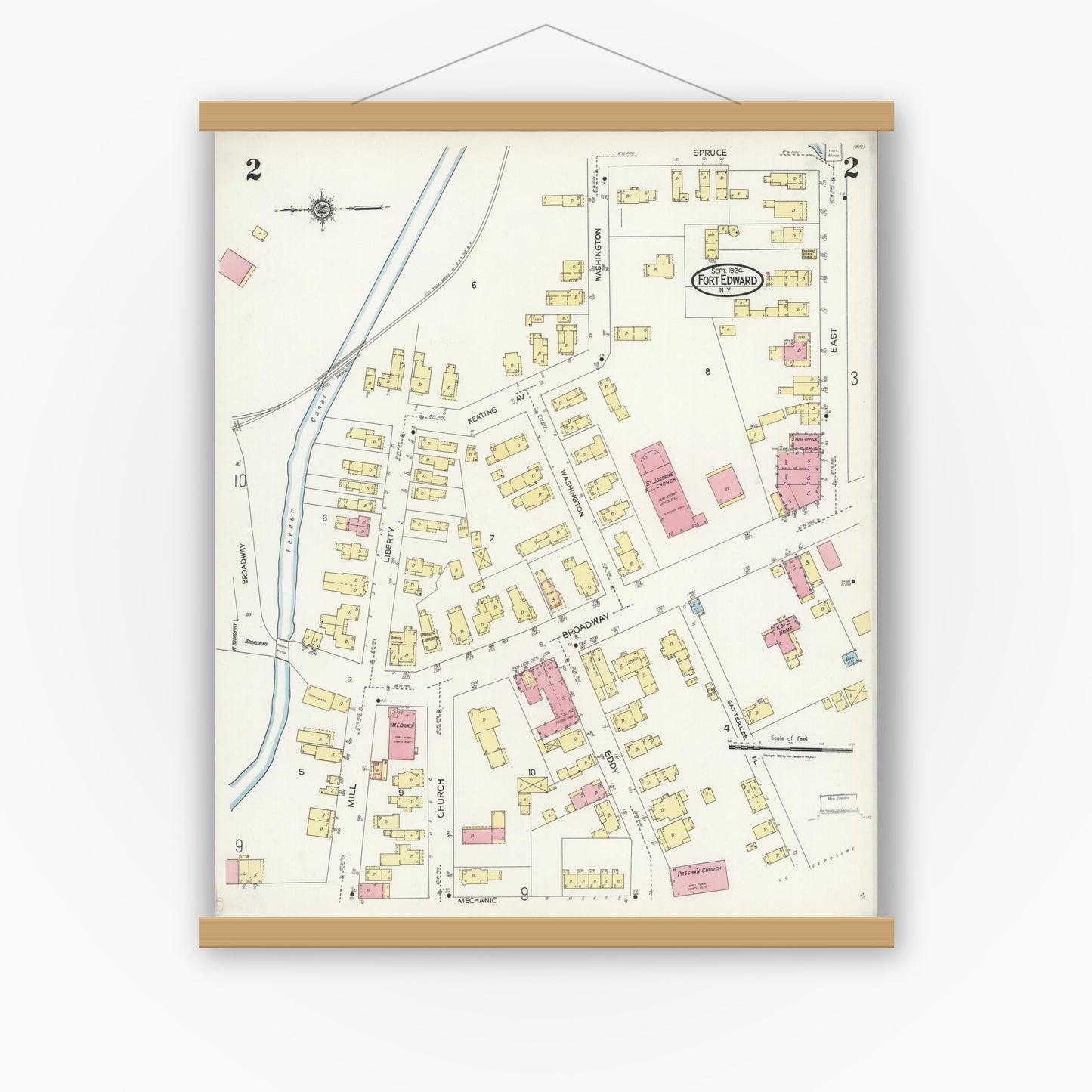 Old map wall art mockup — magnetic wood frame on white wall — Sanborn Fire Insurance Map from Fort Edward, Washington County, New York (1924) - Complete Map Set