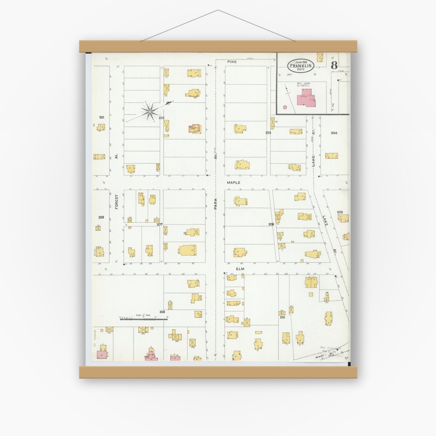 Old map wall art mockup — magnetic wood frame on white wall — Sanborn Fire Insurance Map from Franklin, Warren County, Ohio (1905), Sheet #0008