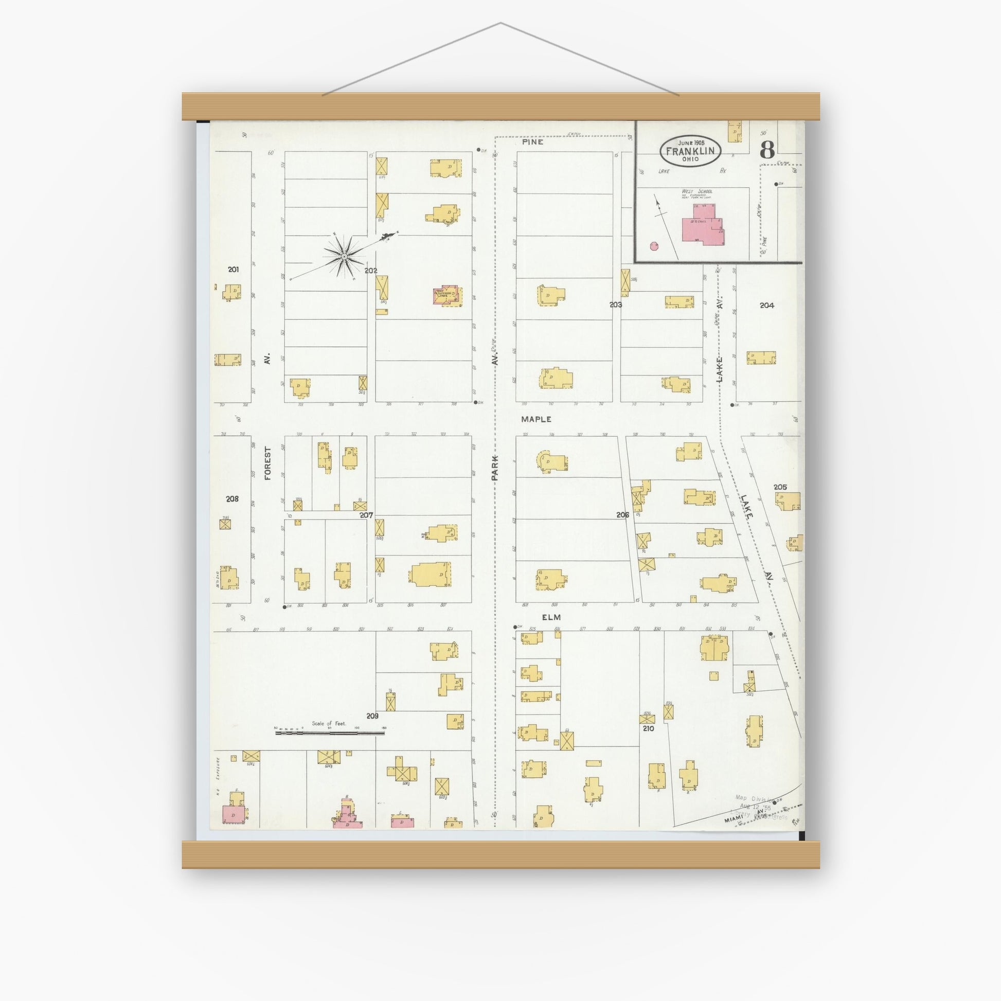 Old map wall art mockup — magnetic wood frame on white wall — Sanborn Fire Insurance Map from Franklin, Warren County, Ohio (1905), Sheet #0008