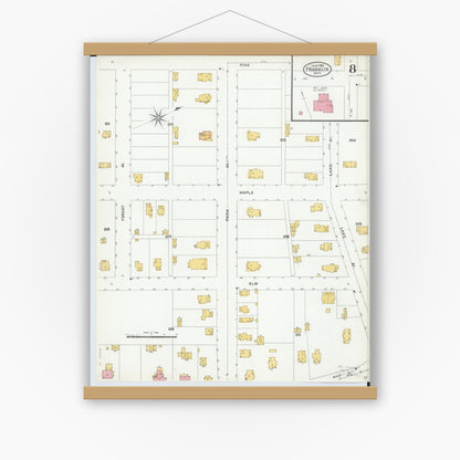 Old map wall art mockup — magnetic wood frame on white wall — Sanborn Fire Insurance Map from Franklin, Warren County, Ohio (1905), Sheet #0008