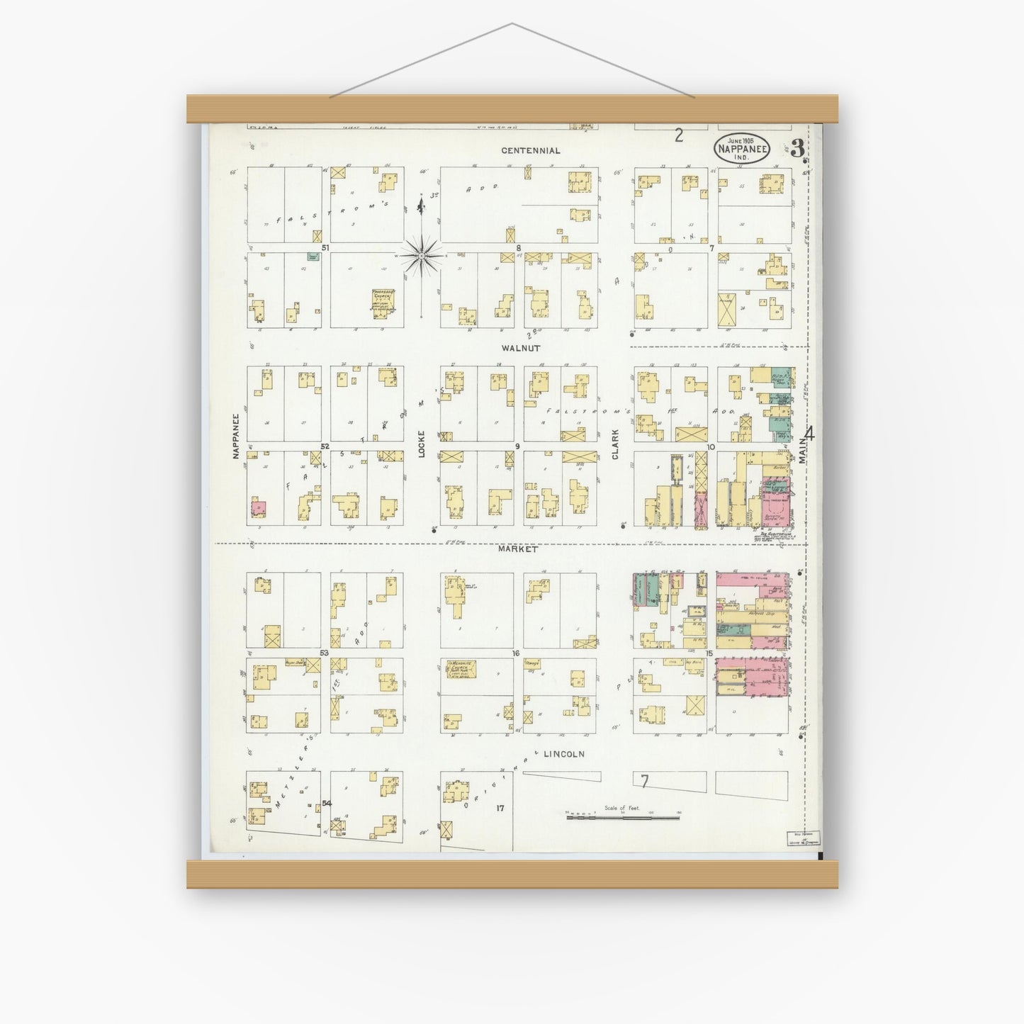 Old map wall art mockup — magnetic wood frame on white wall — Sanborn Fire Insurance Map from Nappanee, Elkhart County, Indiana (1905), Sheet #0003