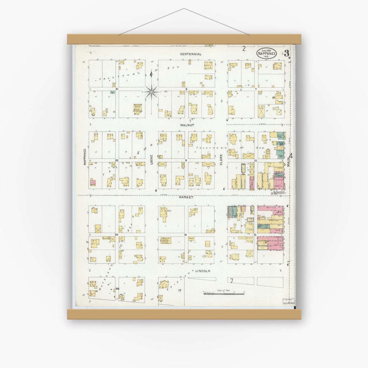 Old map wall art mockup — magnetic wood frame on white wall — Sanborn Fire Insurance Map from Nappanee, Elkhart County, Indiana (1905), Sheet #0003