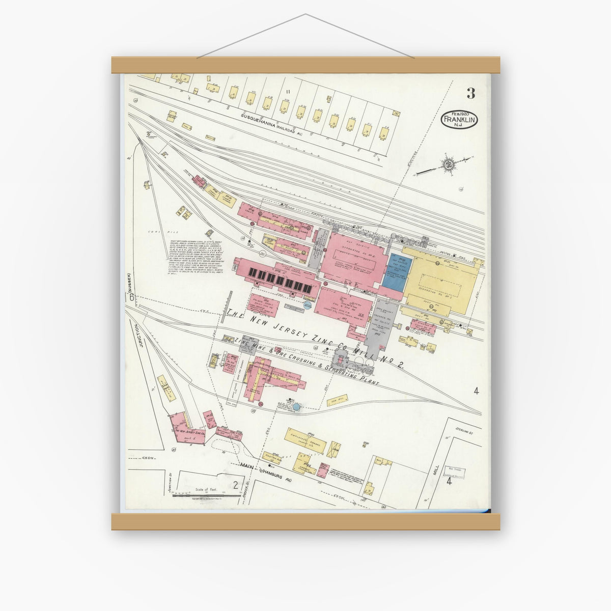Old map wall art mockup — magnetic wood frame on white wall — Sanborn Fire Insurance Map from Franklin, Sussex County, New Jersey (1920), Sheet #0003