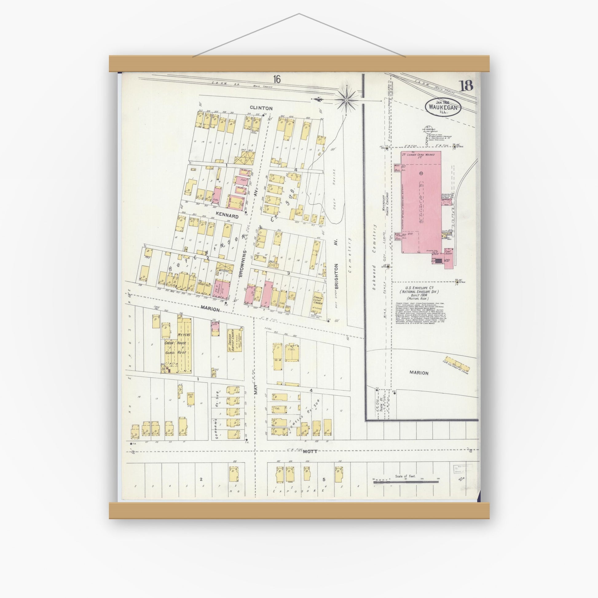 Old map wall art mockup — magnetic wood frame on white wall — Sanborn Fire Insurance Map from Waukegan, Lake County, Illinois (1906), Sheet #0018