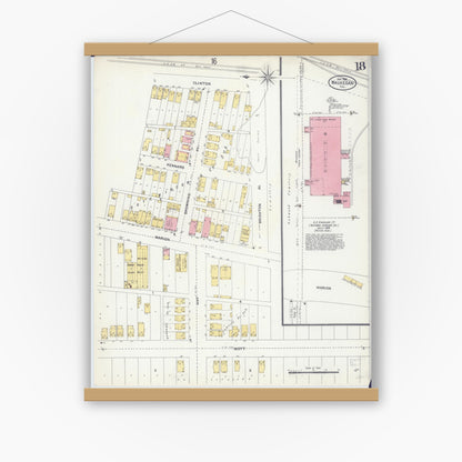 Old map wall art mockup — magnetic wood frame on white wall — Sanborn Fire Insurance Map from Waukegan, Lake County, Illinois (1906), Sheet #0018