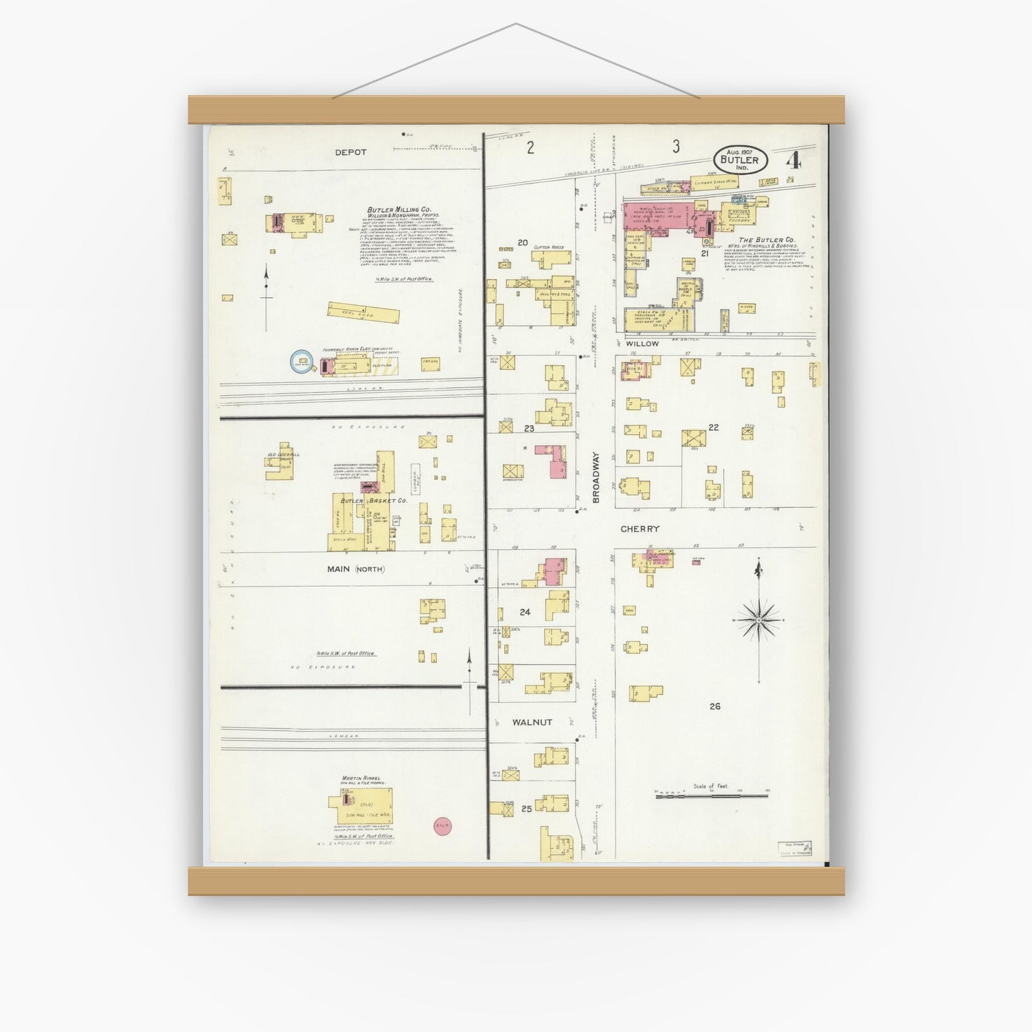 Old map wall art mockup — magnetic wood frame on white wall — Sanborn Fire Insurance Map from Butler, De Kalb County, Indiana (1907), Sheet #0004