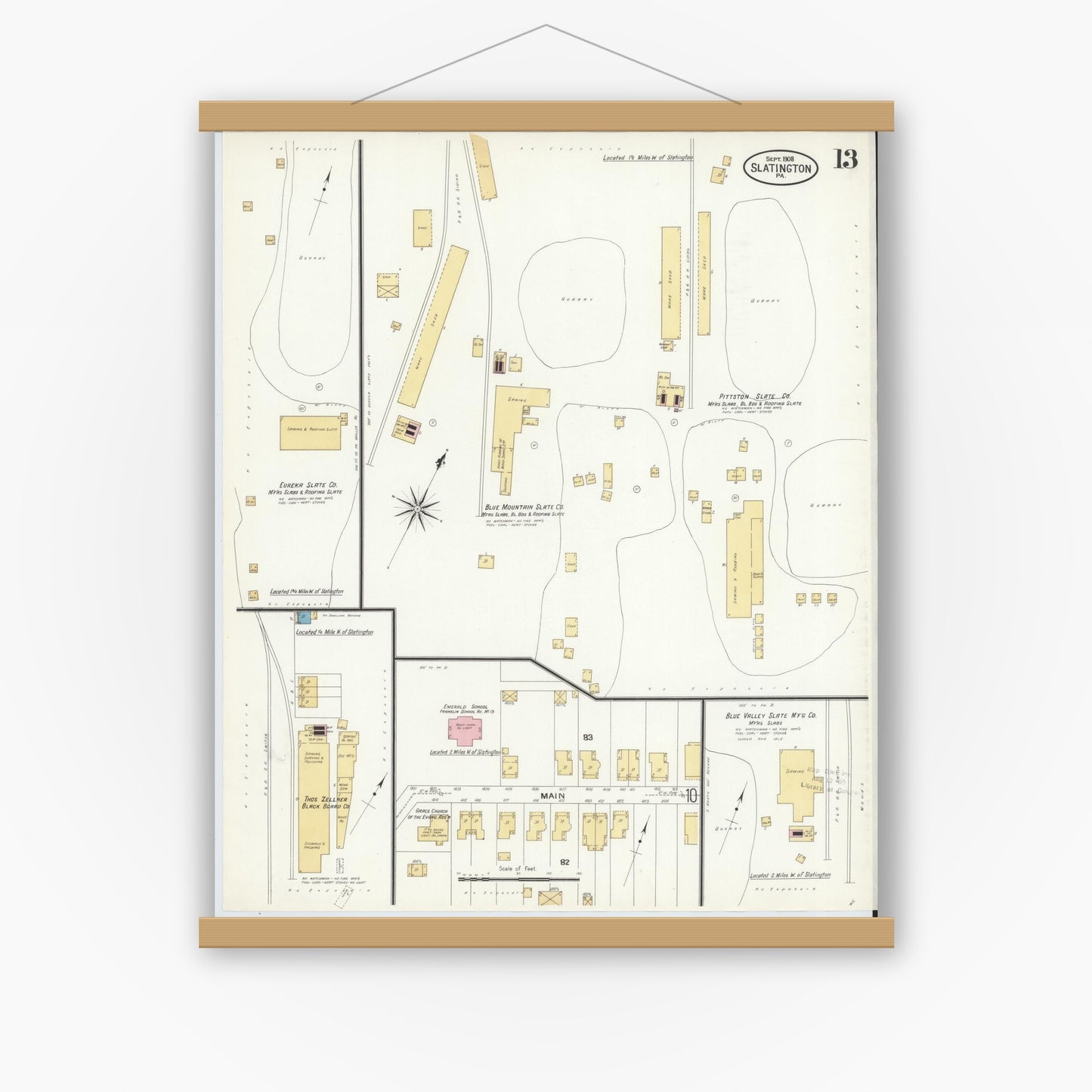 Old map wall art mockup — magnetic wood frame on white wall — Sanborn Fire Insurance Map from Slatington, Lehigh County, Pennsylvania (1908), Sheet #0013