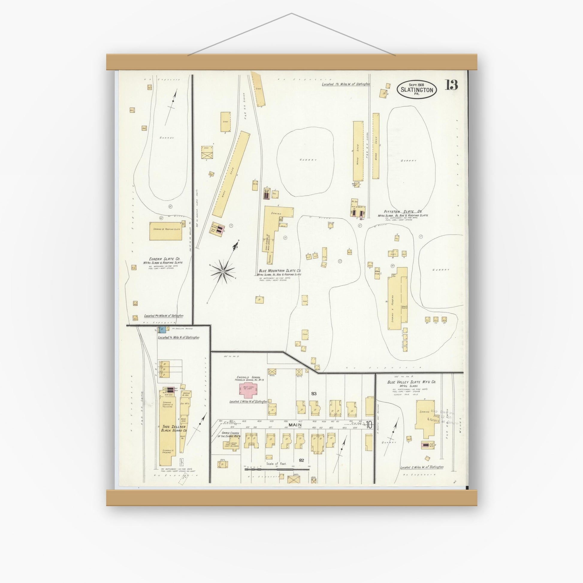 Old map wall art mockup — magnetic wood frame on white wall — Sanborn Fire Insurance Map from Slatington, Lehigh County, Pennsylvania (1908), Sheet #0013