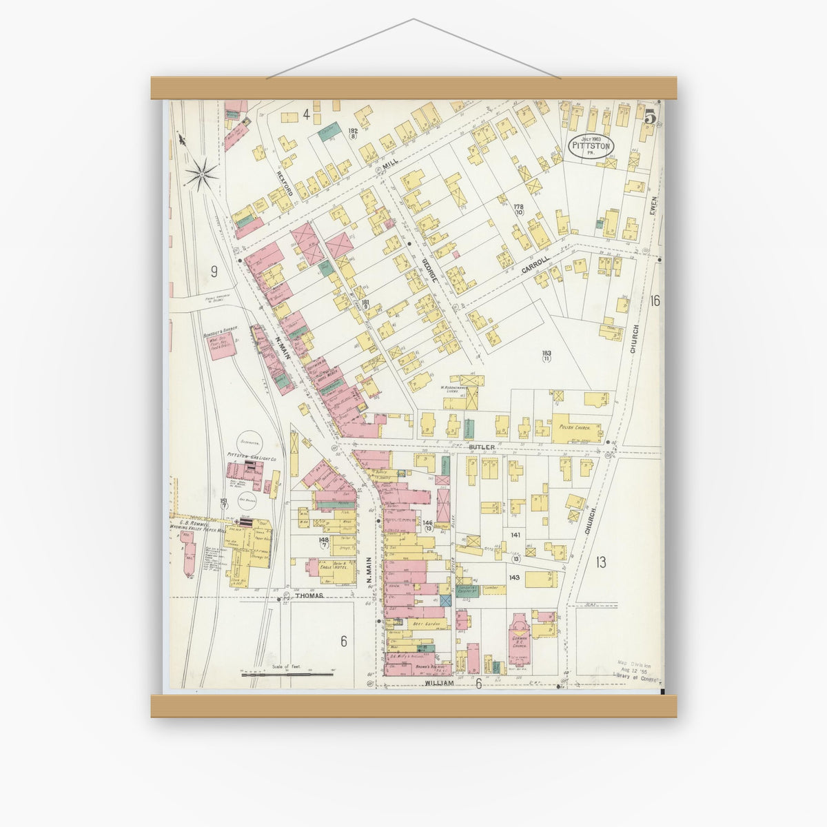 Old map wall art mockup — magnetic wood frame on white wall — Sanborn Fire Insurance Map from Pittston, Luzerne County, Pennsylvania (1903), Sheet #0005