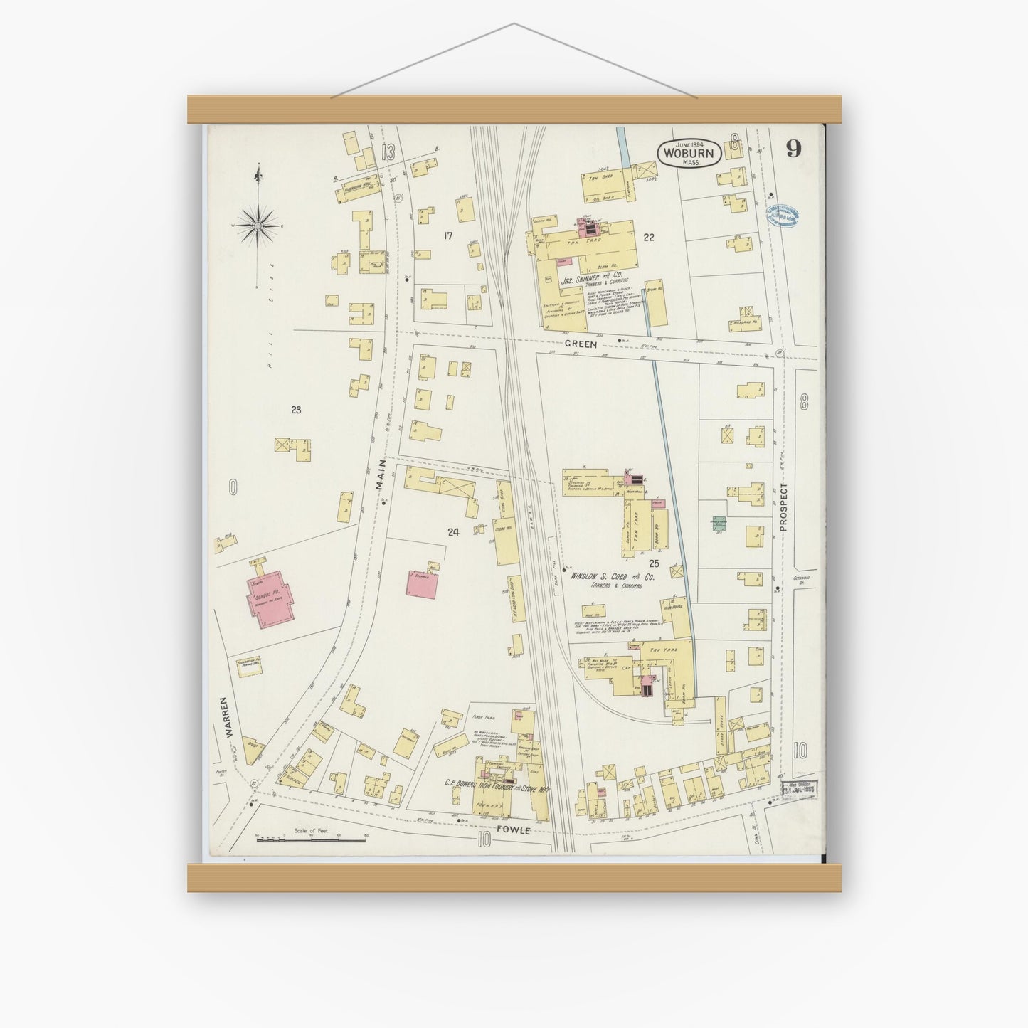 Old map wall art mockup — magnetic wood frame on white wall — Sanborn Fire Insurance Map from Woburn, Middlesex County, Massachusetts (1894), Sheet #0009