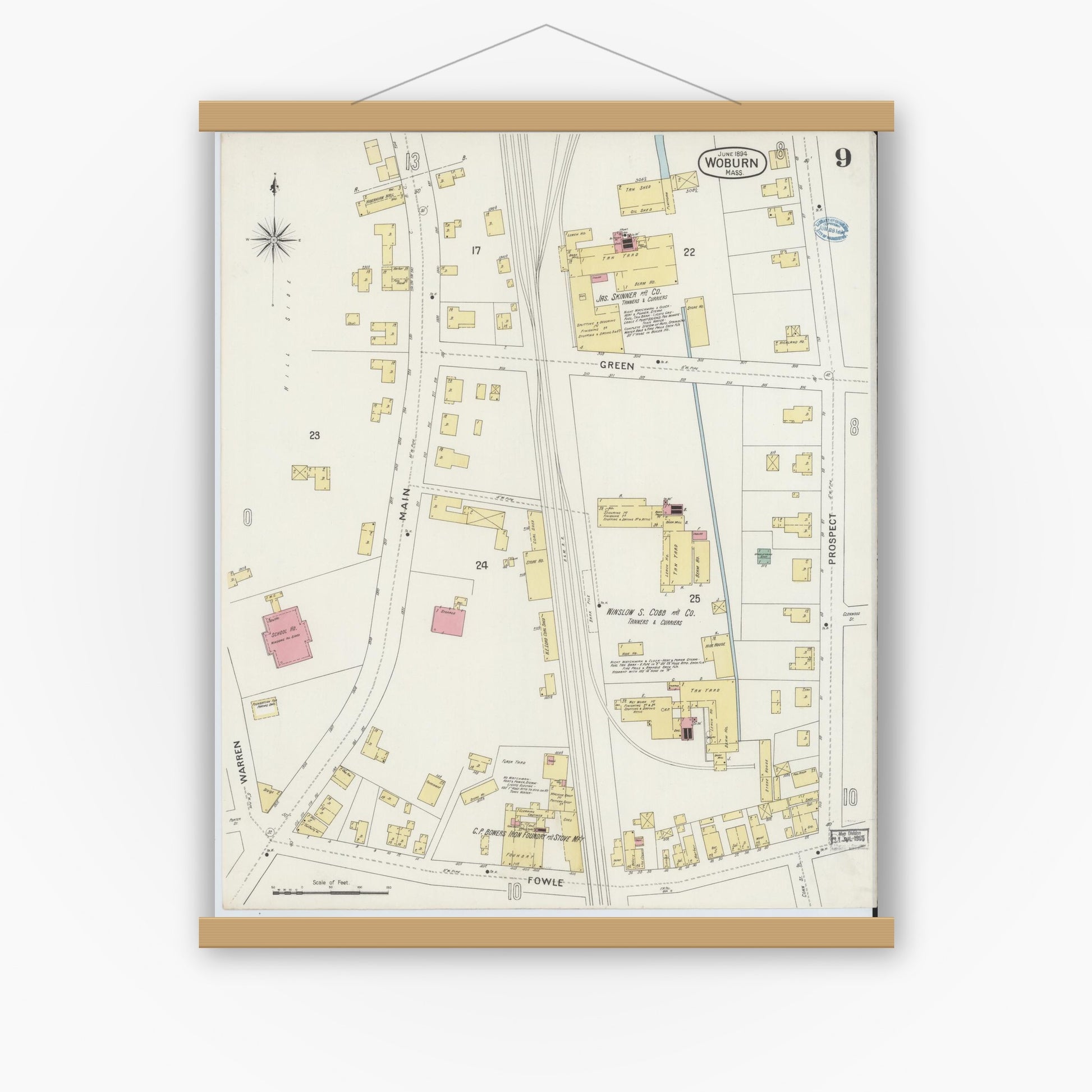 Old map wall art mockup — magnetic wood frame on white wall — Sanborn Fire Insurance Map from Woburn, Middlesex County, Massachusetts (1894), Sheet #0009