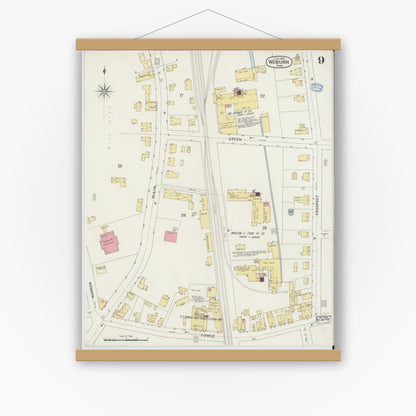 Old map wall art mockup — magnetic wood frame on white wall — Sanborn Fire Insurance Map from Woburn, Middlesex County, Massachusetts (1894), Sheet #0009