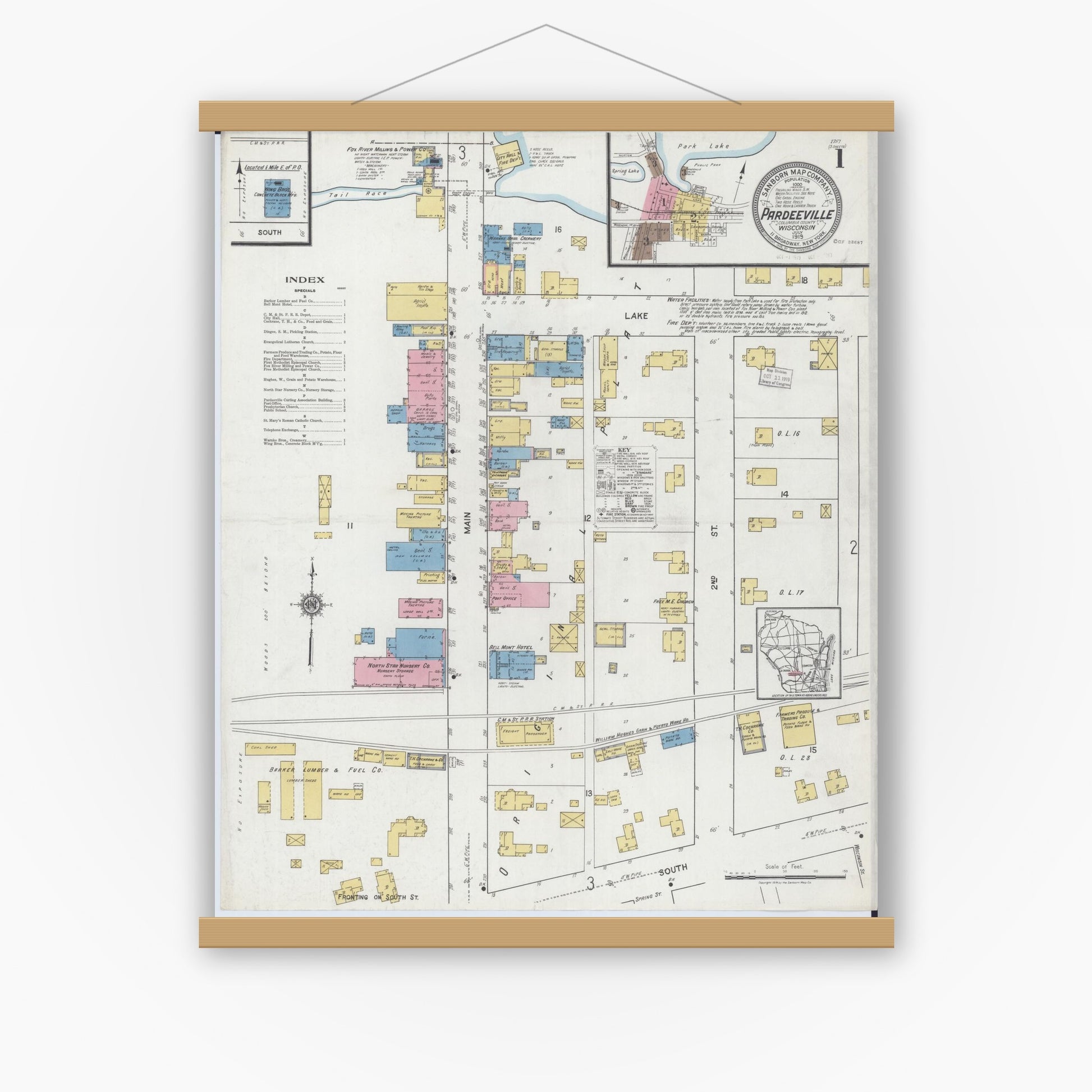 Old map wall art mockup — magnetic wood frame on white wall — Sanborn Fire Insurance Map from Pardeeville, Columbia County, Wisconsin (1919), Sheet #0001