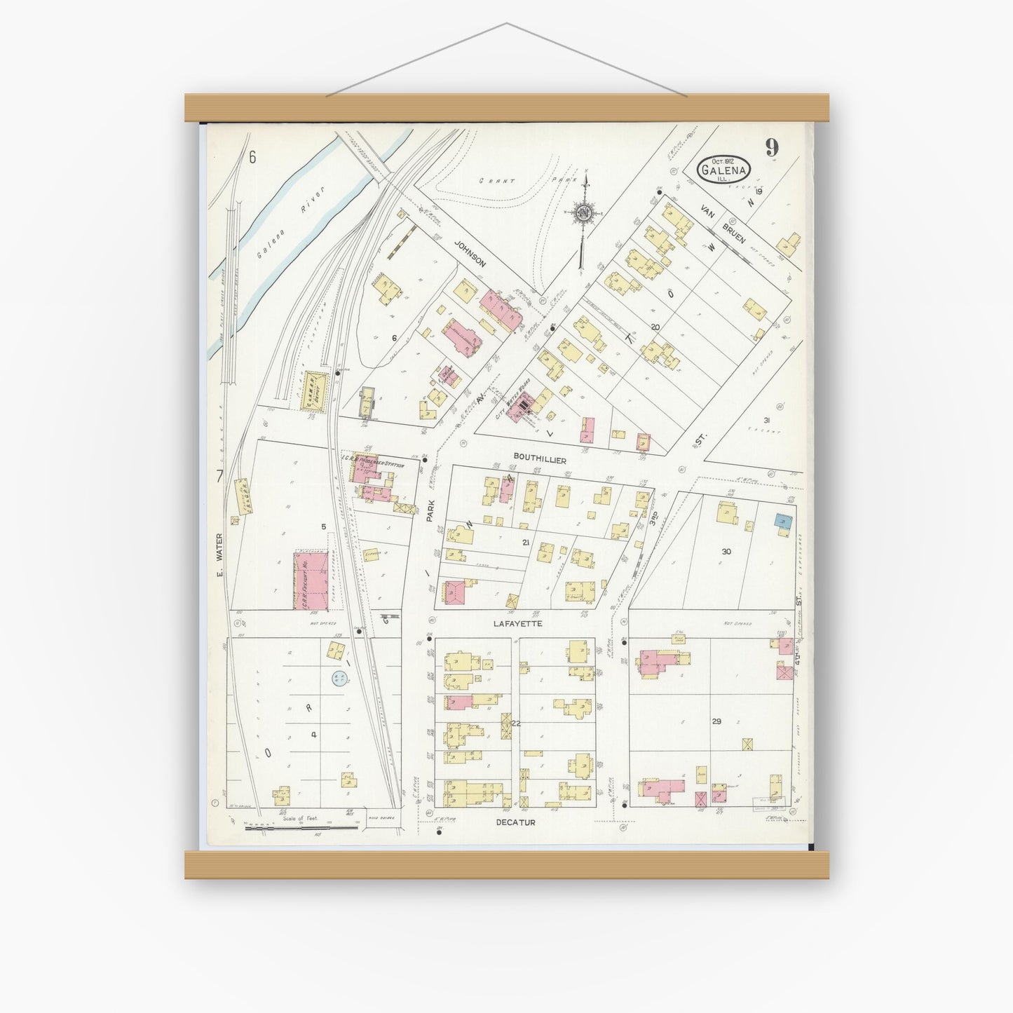 Old map wall art mockup — magnetic wood frame on white wall — Sanborn Fire Insurance Map from Galena, Jo Daviess County, Illinois (1912), Sheet #0009