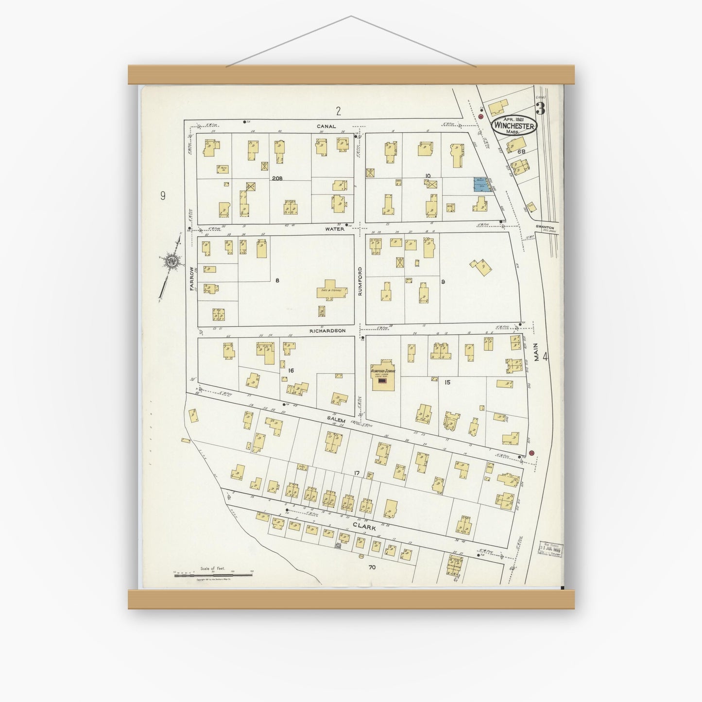 Old map wall art mockup — magnetic wood frame on white wall — Sanborn Fire Insurance Map from Winchester, Middlesex County, Massachusetts (1921), Sheet #0003