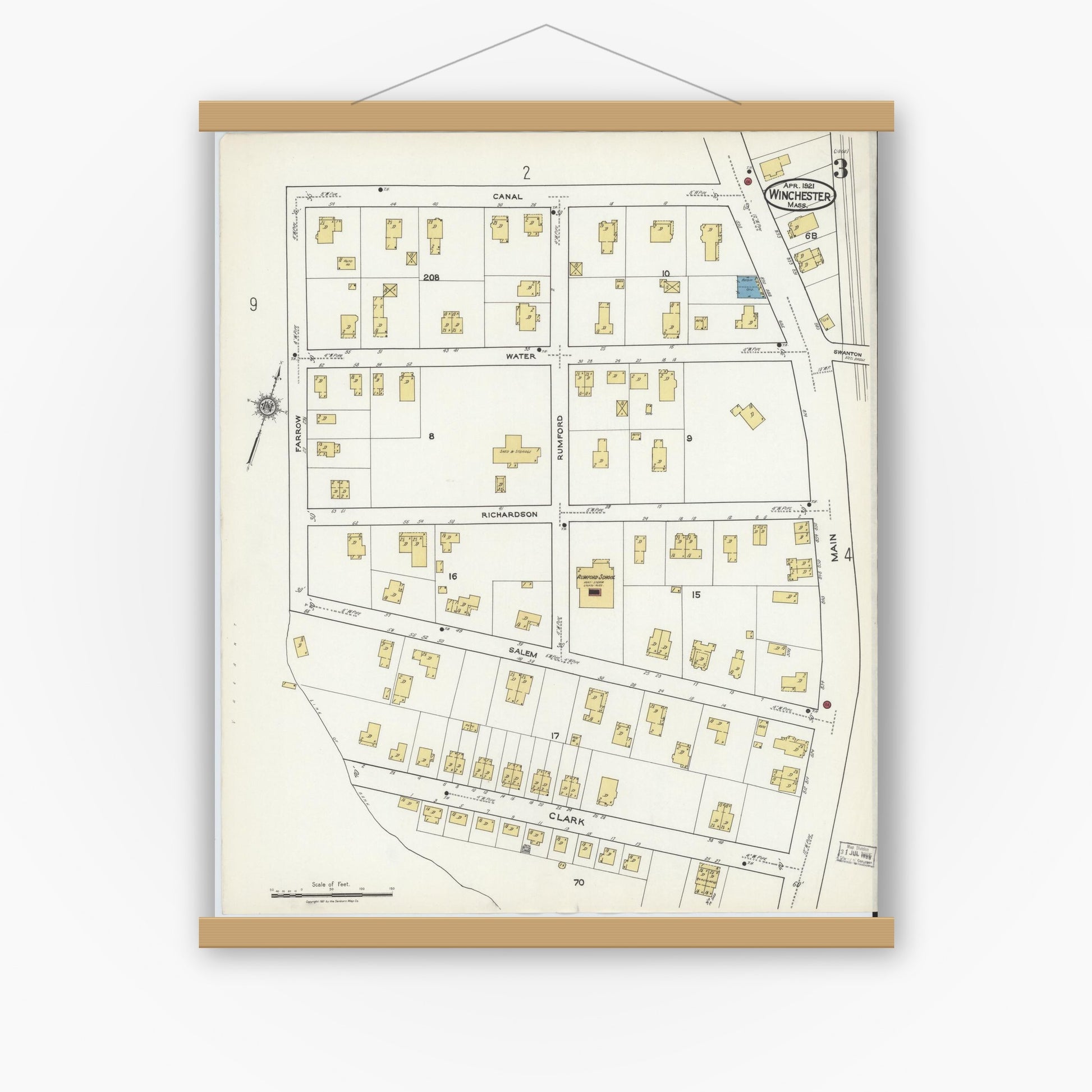 Old map wall art mockup — magnetic wood frame on white wall — Sanborn Fire Insurance Map from Winchester, Middlesex County, Massachusetts (1921), Sheet #0003