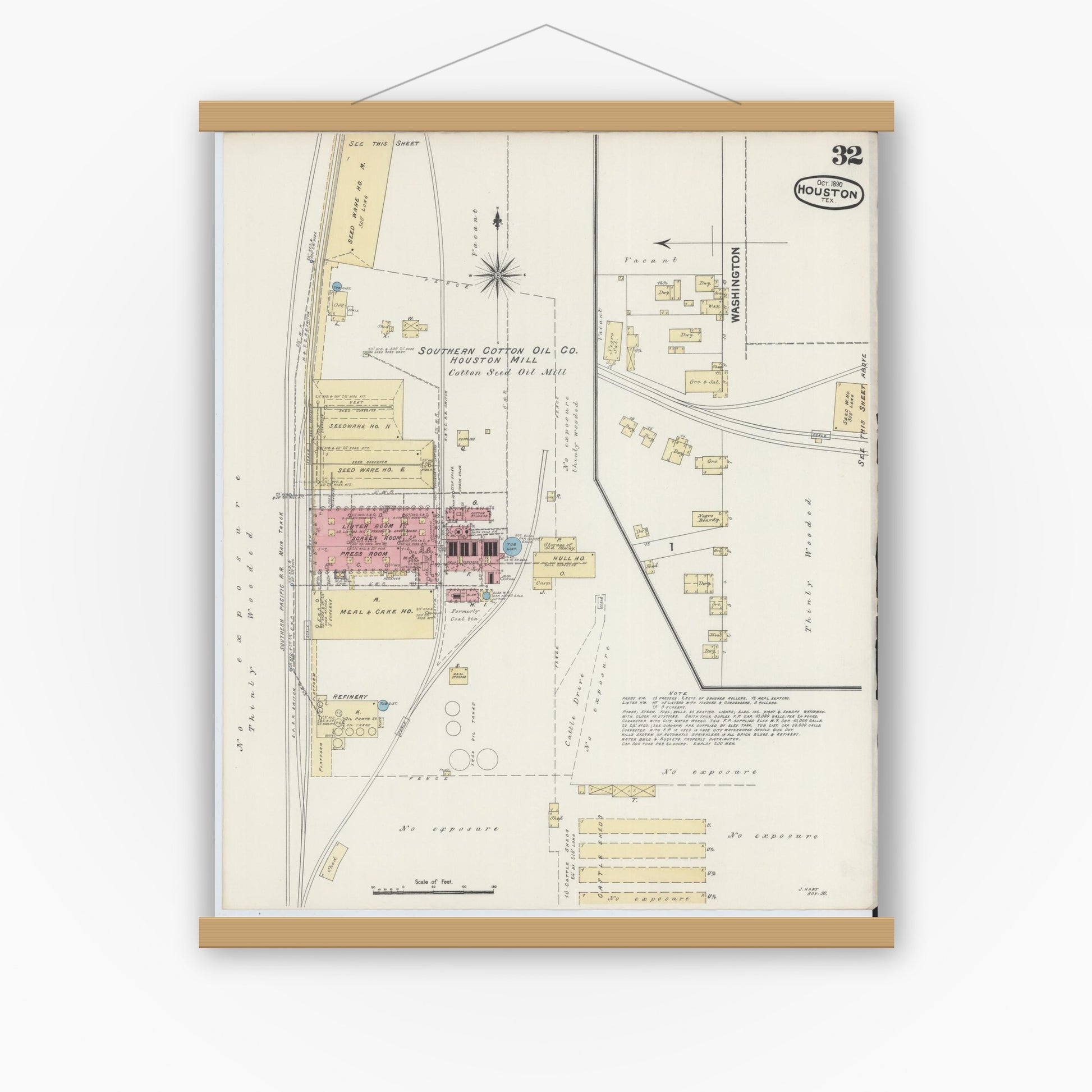 Old map wall art mockup — magnetic wood frame on white wall — Sanborn Fire Insurance Map from Houston, Harris County, Texas (1890), Sheet #0032