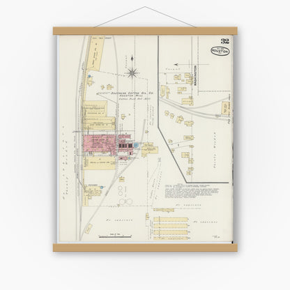 Old map wall art mockup — magnetic wood frame on white wall — Sanborn Fire Insurance Map from Houston, Harris County, Texas (1890), Sheet #0032