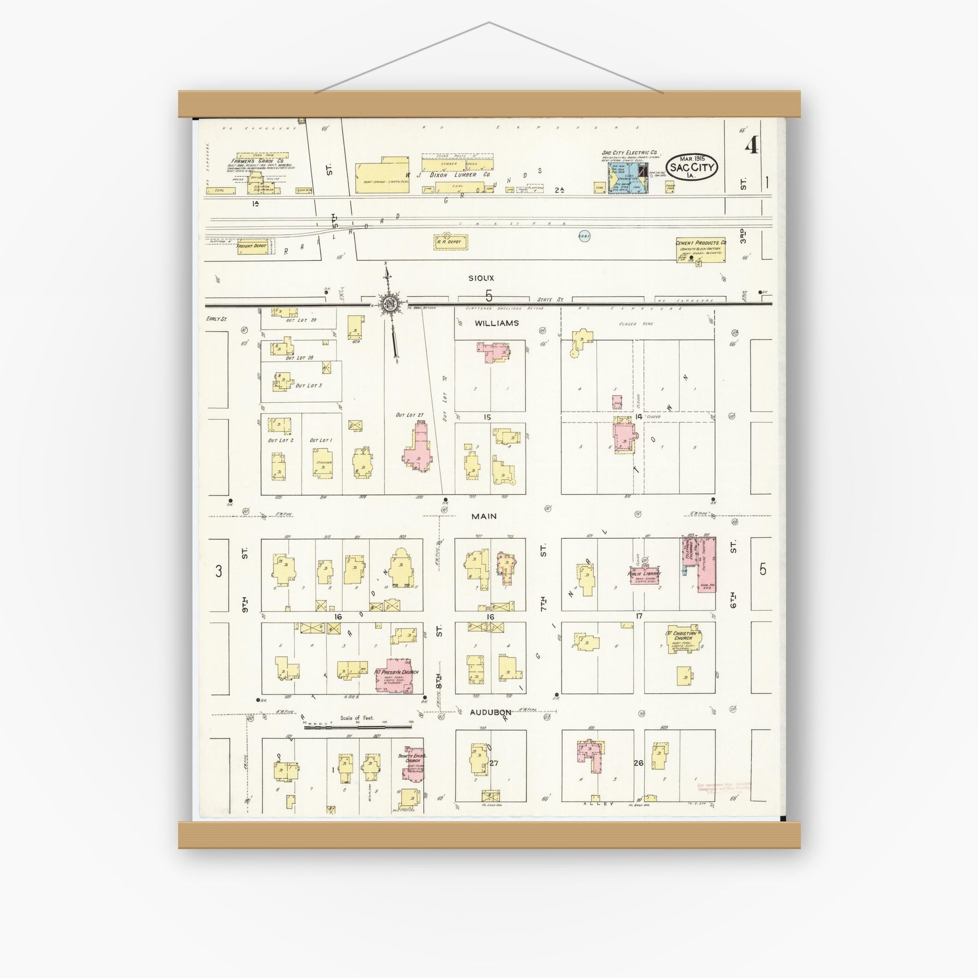 Old map wall art mockup — magnetic wood frame on white wall — Sanborn Fire Insurance Map from Sac City, Sac County, Iowa (1915), Sheet #0004