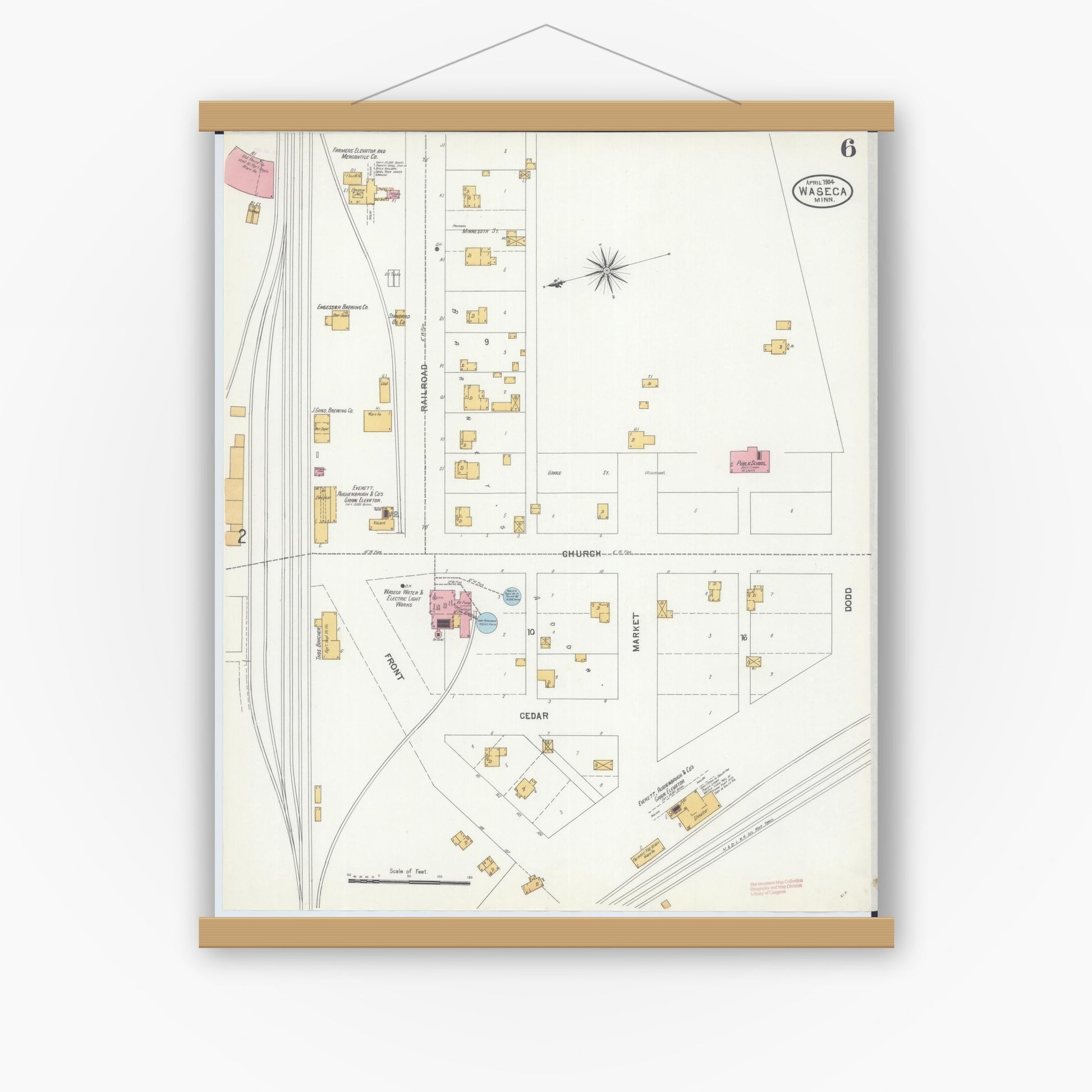 Old map wall art mockup — magnetic wood frame on white wall — Sanborn Fire Insurance Map from Waseca, Waseca County, Minnesota (1904), Sheet #0006
