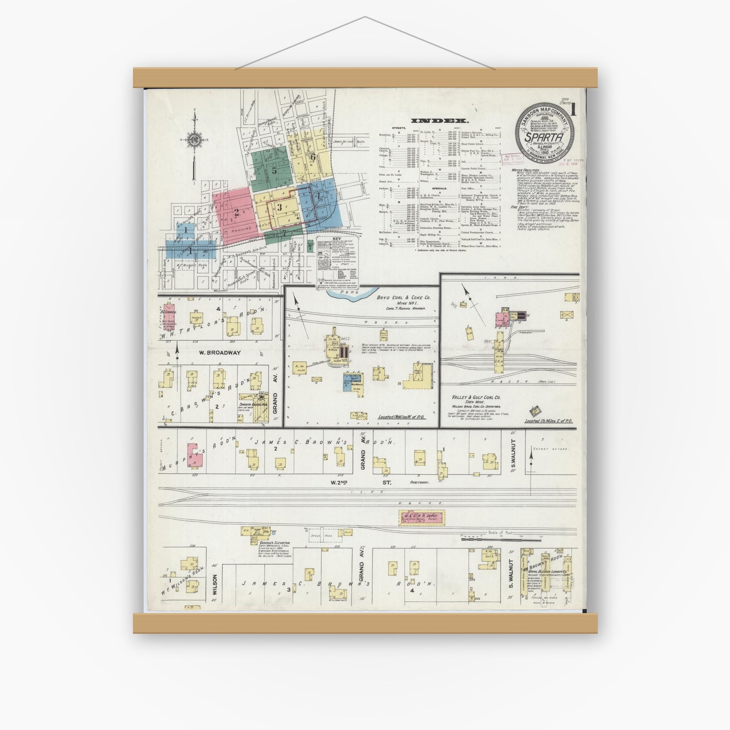 Old map wall art mockup — magnetic wood frame on white wall — Sanborn Fire Insurance Map from Sparta, Randolph County, Illinois (1910) - Complete Map Set