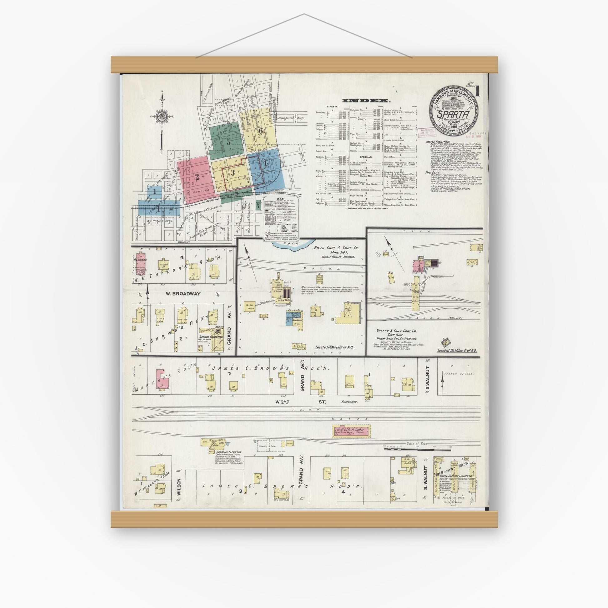 Old map wall art mockup — magnetic wood frame on white wall — Sanborn Fire Insurance Map from Sparta, Randolph County, Illinois (1910) - Complete Map Set