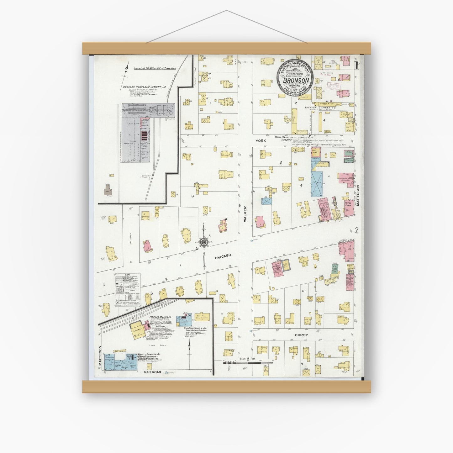 Old map wall art mockup — magnetic wood frame on white wall — Sanborn Fire Insurance Map from Bronson, Branch County, Michigan (1916), Sheet #0001
