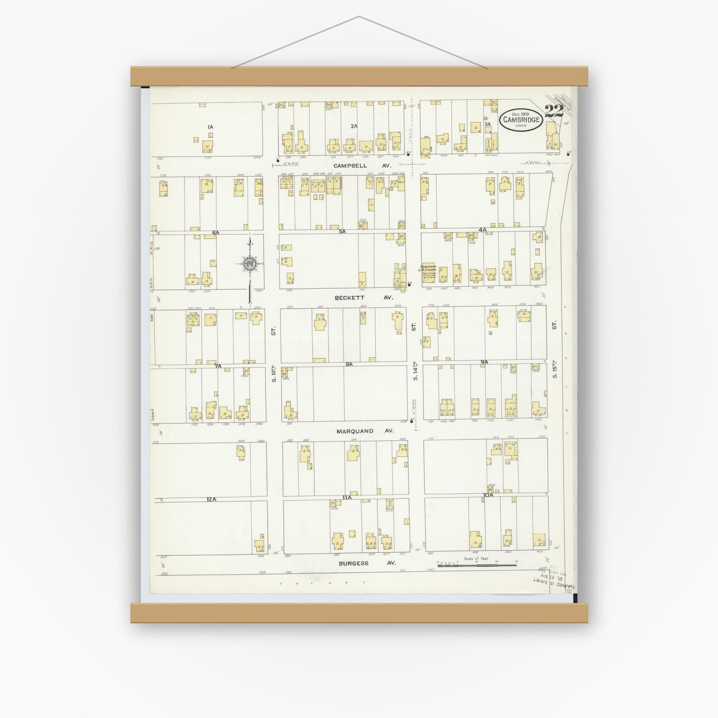 Old map wall art mockup — magnetic wood frame on white wall — Sanborn Fire Insurance Map from Cambridge, Guernsey County, Ohio (1909), Sheet #0022