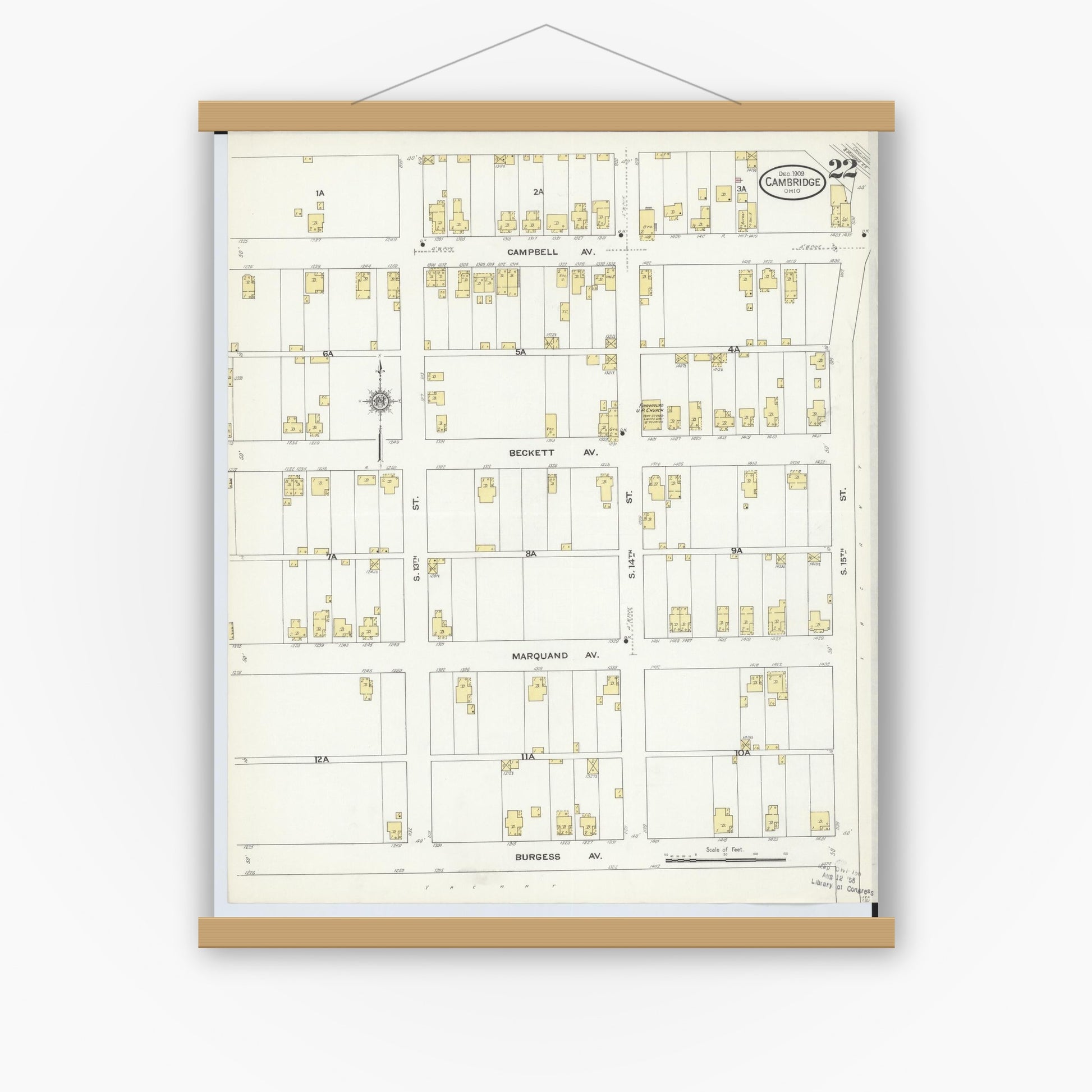 Old map wall art mockup — magnetic wood frame on white wall — Sanborn Fire Insurance Map from Cambridge, Guernsey County, Ohio (1909), Sheet #0022