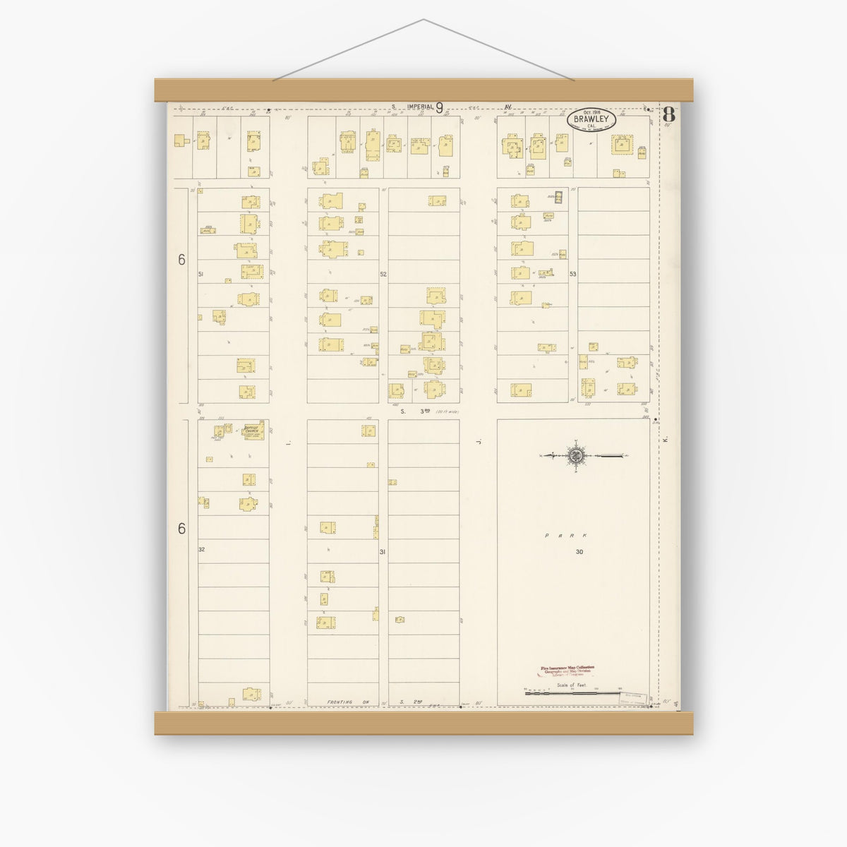 Old map wall art mockup — magnetic wood frame on white wall — Sanborn Fire Insurance Map from Brawley, Imperial County, California (1916), Sheet #0008