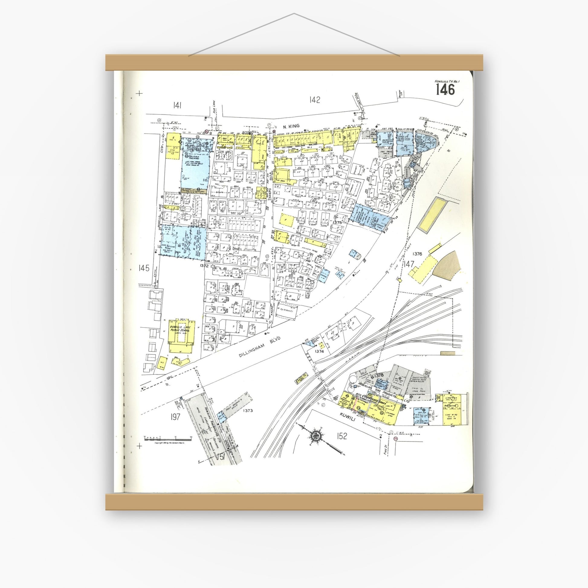Old map wall art mockup — magnetic wood frame on white wall — Sanborn Fire Insurance Map from Honolulu, Oahu County, Hawaii (1955), Sheet #0146