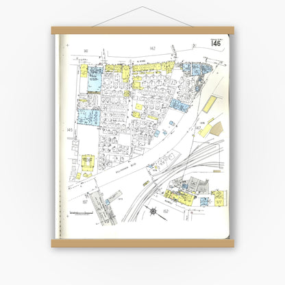Old map wall art mockup — magnetic wood frame on white wall — Sanborn Fire Insurance Map from Honolulu, Oahu County, Hawaii (1955), Sheet #0146