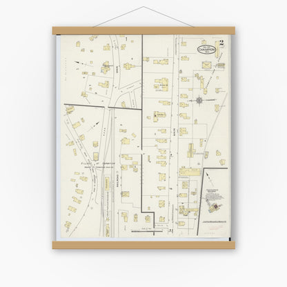 Old map wall art mockup — magnetic wood frame on white wall — Sanborn Fire Insurance Map from Champion, Marquette County, Michigan (1914), Sheet #0002