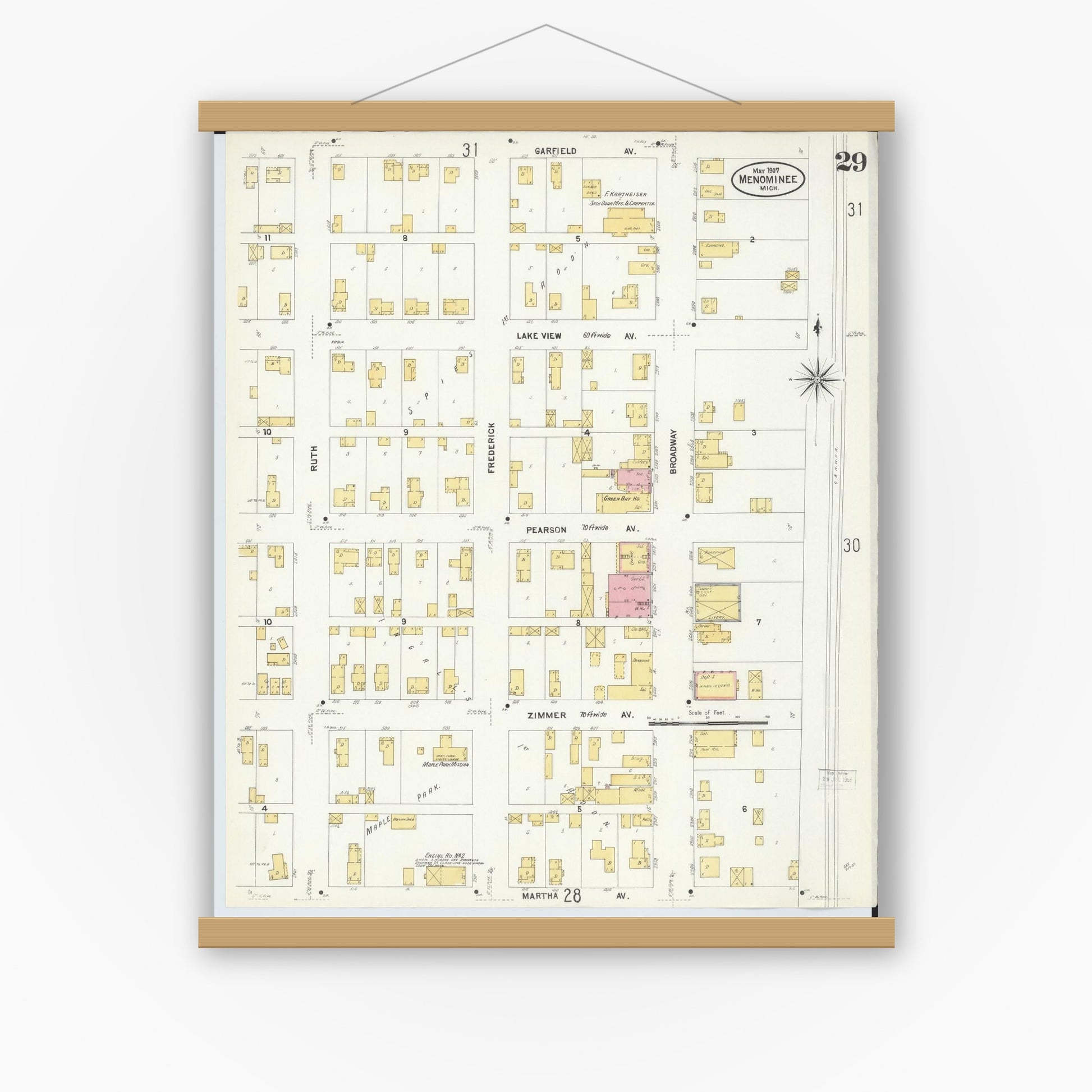 Old map wall art mockup — magnetic wood frame on white wall — Sanborn Fire Insurance Map from Menominee, Menominee County, Michigan (1907), Sheet #0029