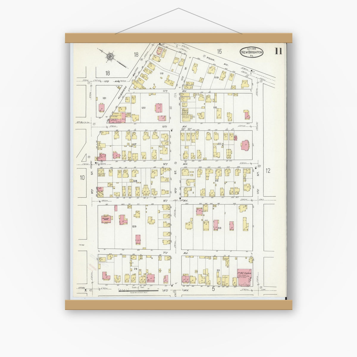Old map wall art mockup — magnetic wood frame on white wall — Sanborn Fire Insurance Map from New Brighton, Beaver County, Pennsylvania (1918), Sheet #0011