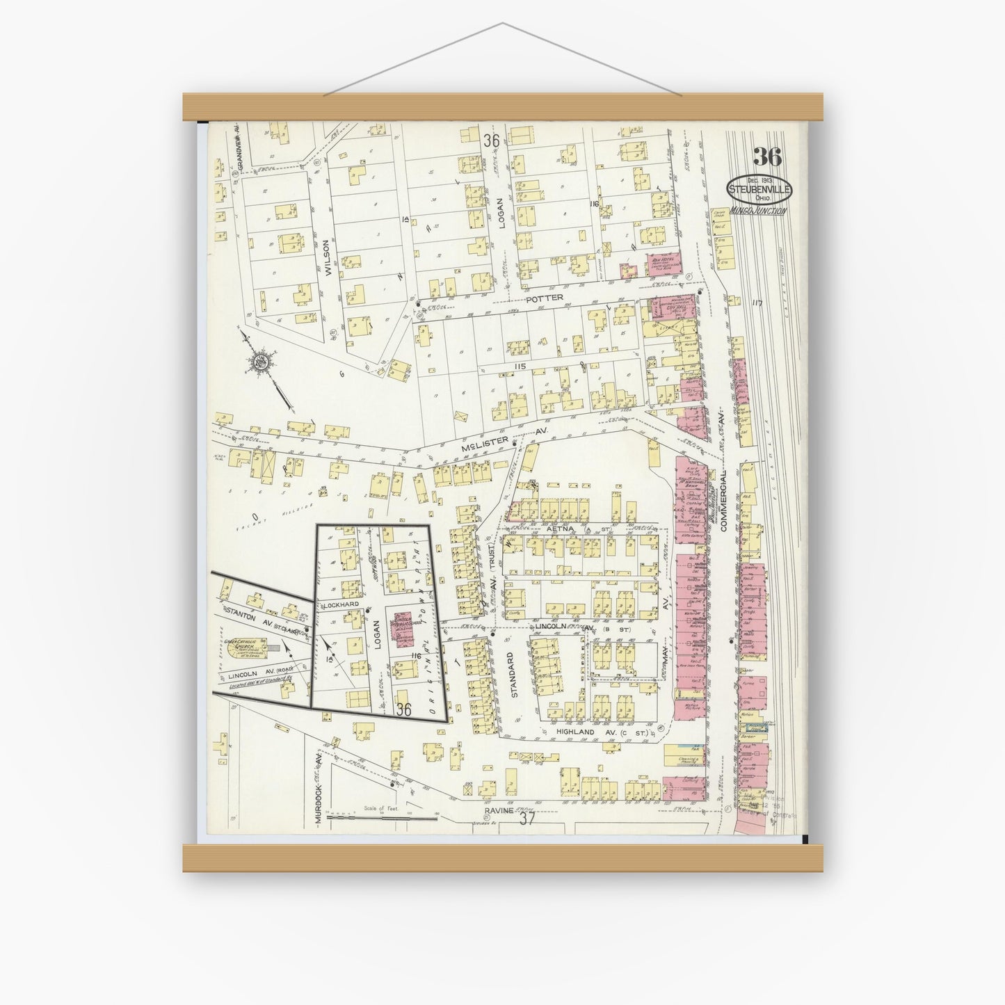 Old map wall art mockup — magnetic wood frame on white wall — Sanborn Fire Insurance Map from Steubenville, Jefferson County, Ohio (1913), Sheet #0036