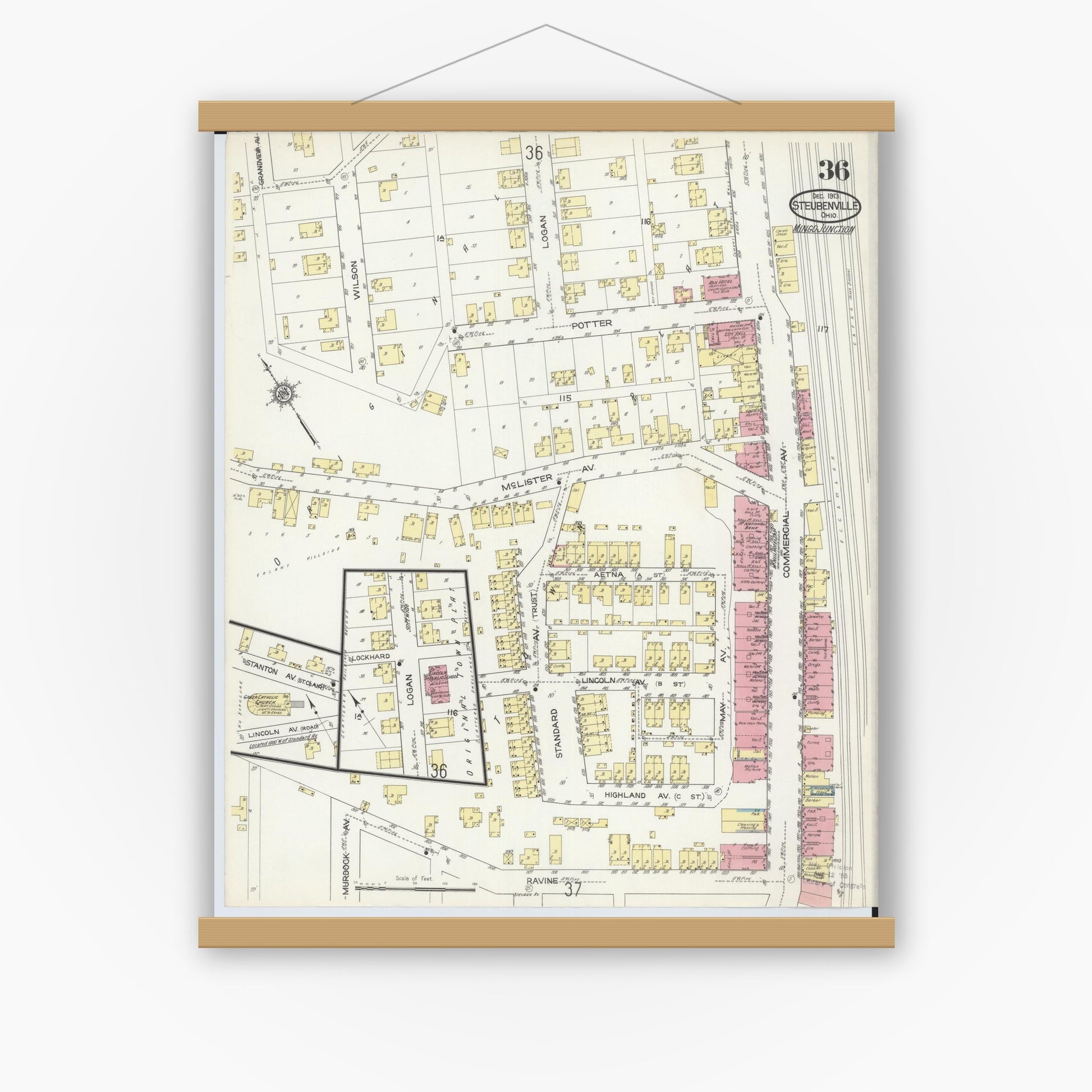 Old map wall art mockup — magnetic wood frame on white wall — Sanborn Fire Insurance Map from Steubenville, Jefferson County, Ohio (1913), Sheet #0036