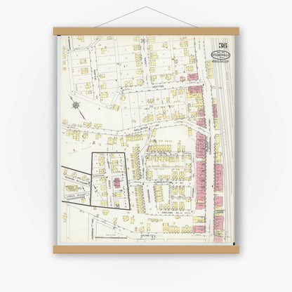 Old map wall art mockup — magnetic wood frame on white wall — Sanborn Fire Insurance Map from Steubenville, Jefferson County, Ohio (1913), Sheet #0036