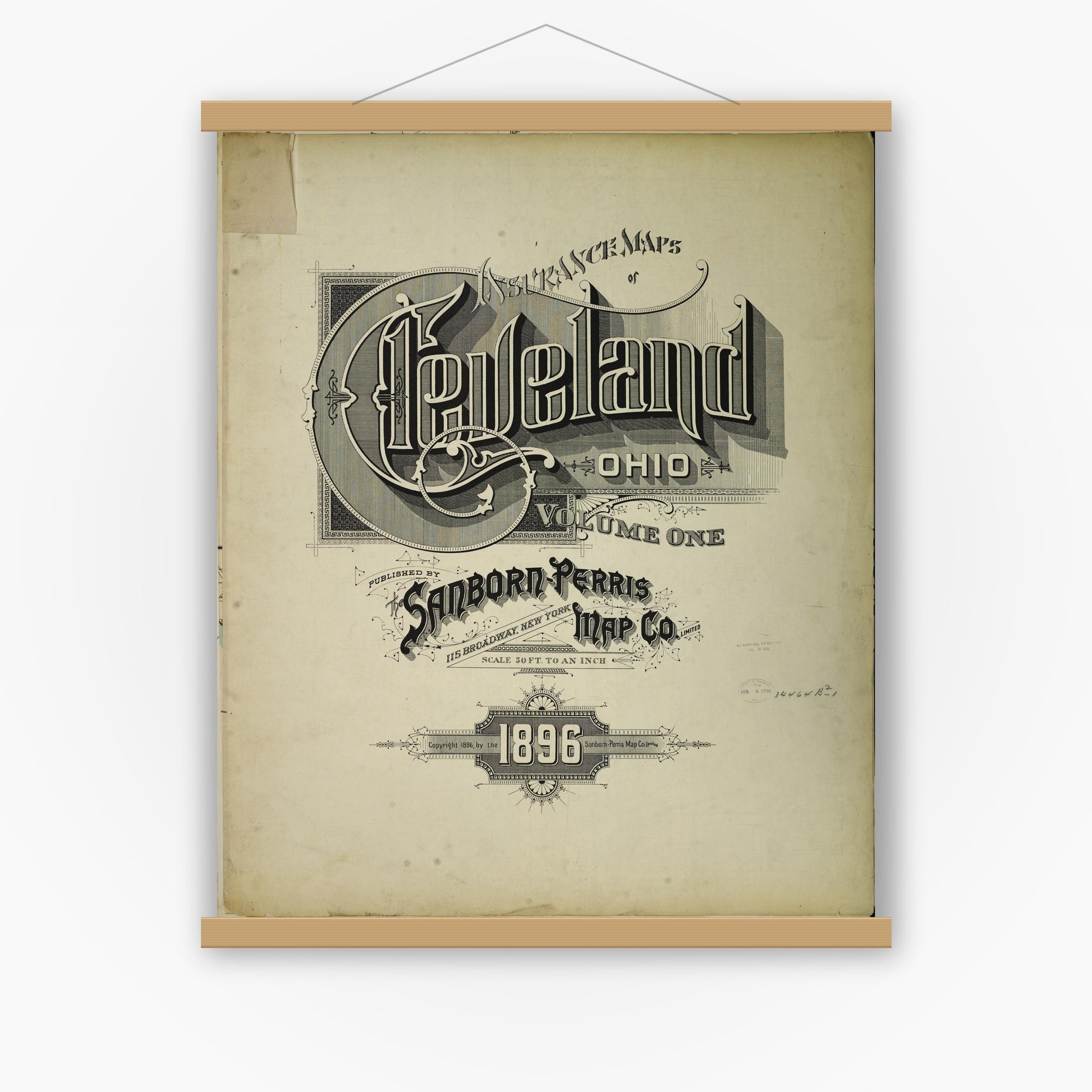 Old map wall art mockup — magnetic wood frame on white wall — Sanborn Fire Insurance Map from Cleveland, Cuyahoga County, Ohio (1896), Sheet #0001