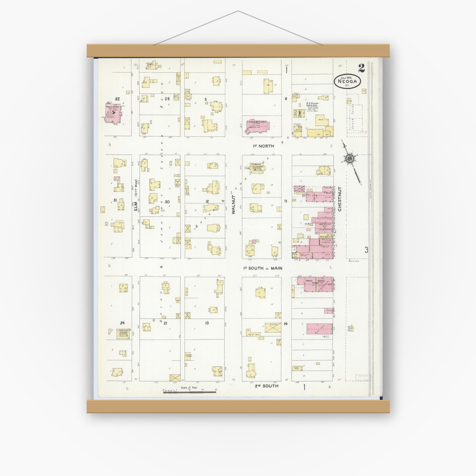 Old map wall art mockup — magnetic wood frame on white wall — Sanborn Fire Insurance Map from Neoga, Cumberland County, Illinois (1910), Sheet #0002