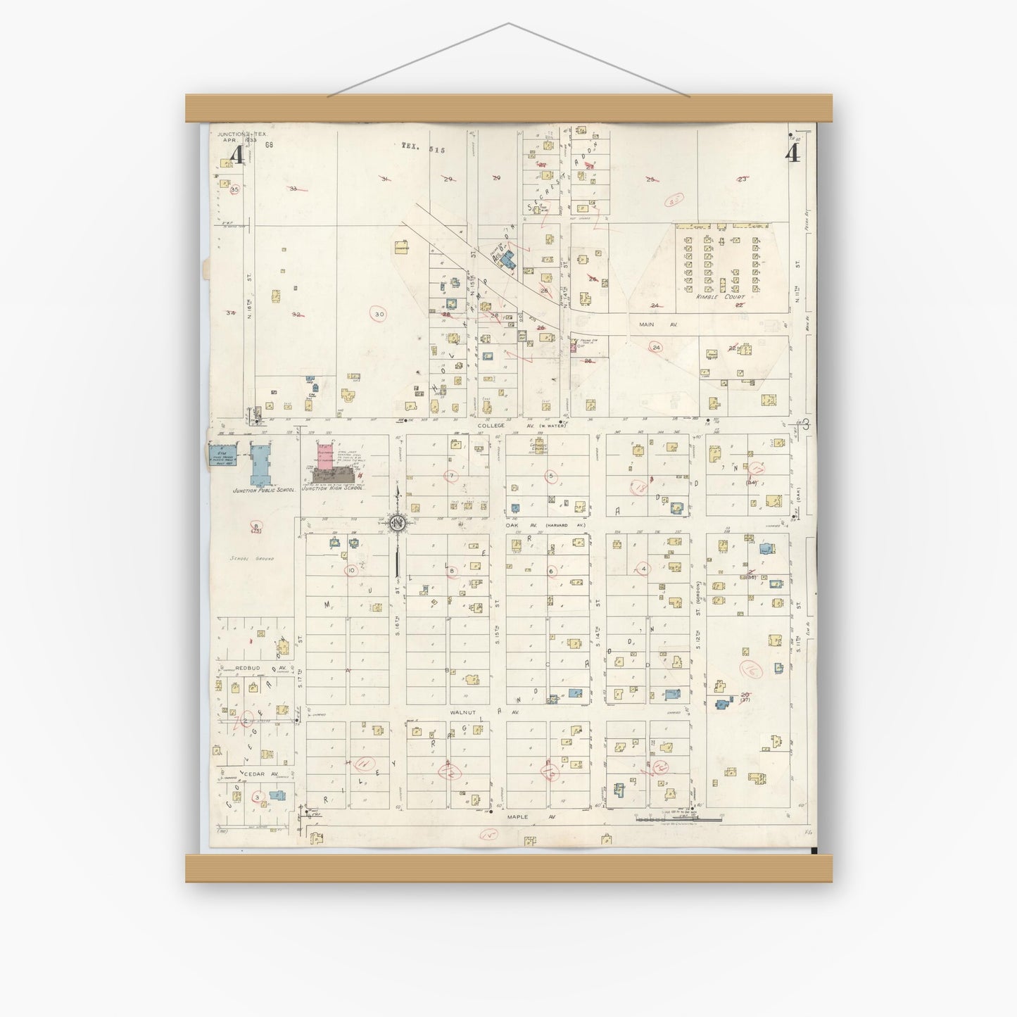 Old map wall art mockup — magnetic wood frame on white wall — Sanborn Fire Insurance Map from Junction, Kimble County, Texas (1942), Sheet #0004